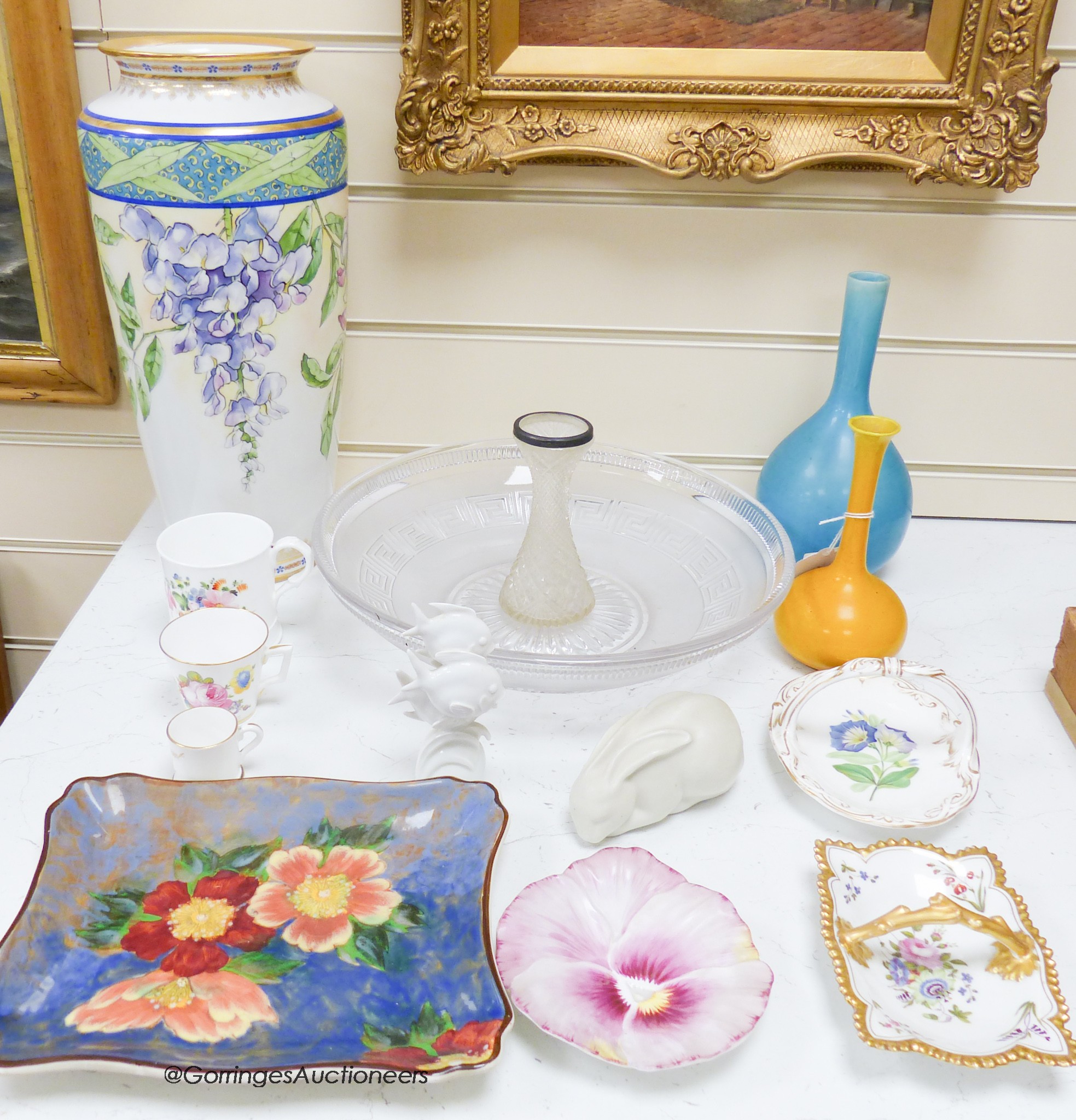 A collection of mixed European ceramics, including a Meissen white glaze model of fish, a glass dish and a vase